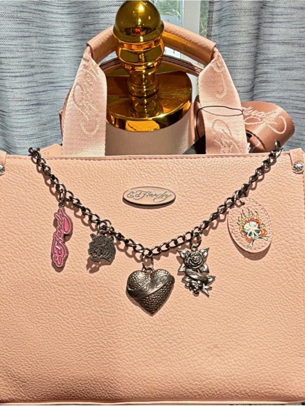 Ed Hardy Blush Pink Tote with Silver Charm Chain